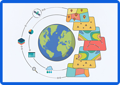 cartoon representation of different map layers surrounding a globe