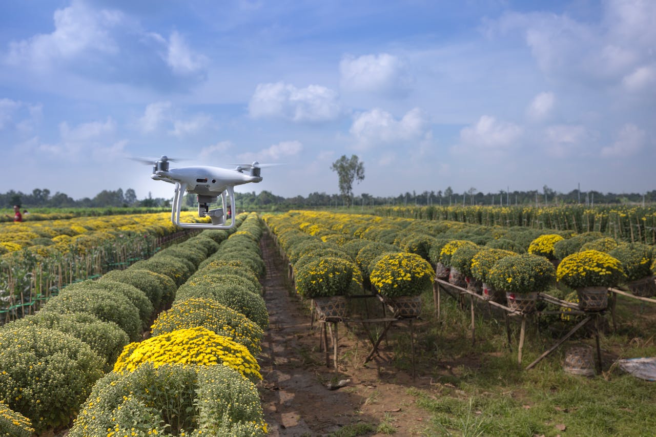 drone flying over a field